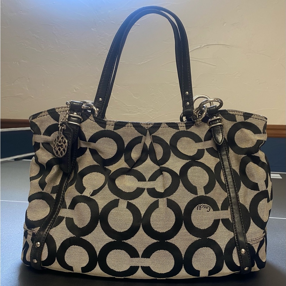 Coach Signature Canvas Tote Black Khaki with Leather Trim Style 16233